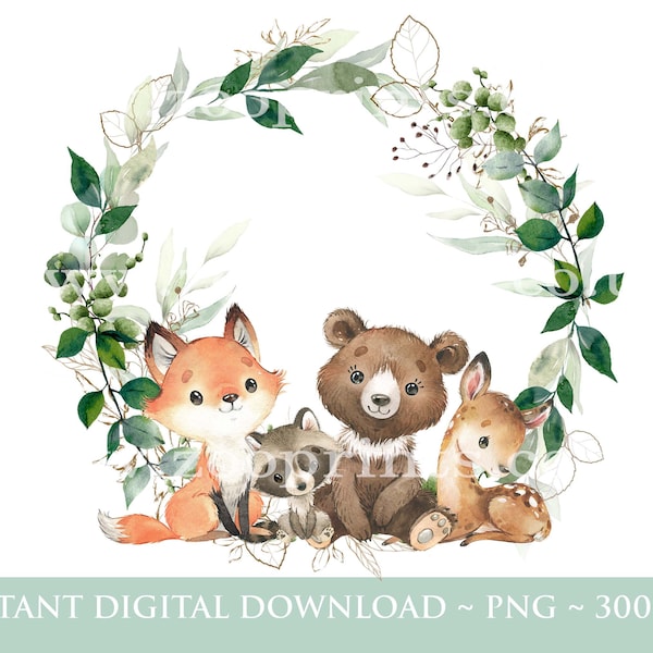 Woodland Forest Animals Eucalyptus Greenery Wreath PNG, Woodland Animals Sublimation Design, Baby Shower, New Baby, Instant Digital Download