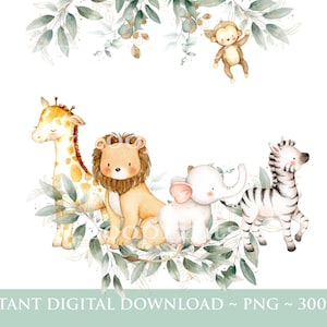 Bébé Safari animaux couronne, aquarelle bébé animaux, sauvage un, deux sauvage, anniversaire Sublimation Design, Jungle Safari téléchargement numérique instantané