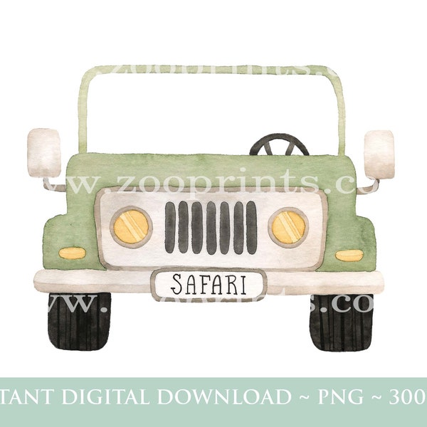 Aquarell Safari Auto SVG Clipart, Dschungel digitale Clipart, T Shirt Sublimation Design, Geburtstagskarte Bild, sofortiger digitaler Download, W77