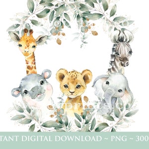 Bébé Safari Animaux Couronne, Aquarelle Bébés Animaux, Wild One, Two Wild, Birthday Sublimation Design, Jungle, Safari, Téléchargement numérique, W83