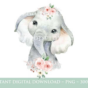 Puede incluir: Una ilustración de acuarela de un lindo elefante gris con flores rosas en su pelo y alrededor de su cuello. El elefante tiene ojos grandes y expresivos y una expresión dulce.