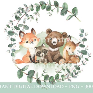 Waldtiere Eukalyptus Kranz PNG, Waldtiere Sublimation Design, BabyParty, Neues Baby, Digitaler Download, W103