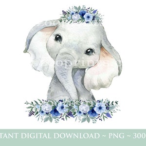 Bebê elefante azul floral PNG, elefante aquarela, selvagem, dois selvagens, design de sublimação de aniversário, selva, safari, download digital, W14