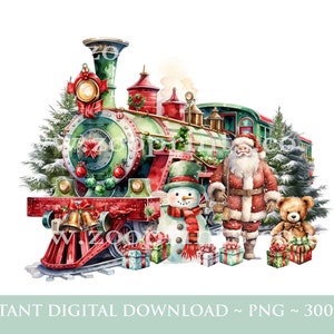 May include: A watercolor painting of a vintage green and red train with a snowman, Santa Claus, and a teddy bear holding presents. The train is decorated with Christmas lights and greenery. The background is white.