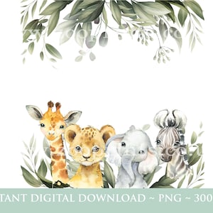Baby Safari Tiere Kranz, Aquarell Baby Tiere, Wild One, Zwei Wild, Geburtstag Sublimation Design, Dschungel, Safari, Digital Download, W99