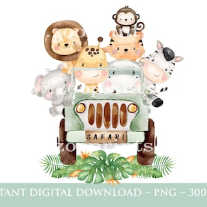 Baby Safari Animals Kids Car PNG, Acquerello Baby Animals, T Shirt Sublimation Design, Birthday Card image, Instant Digital Download, W095