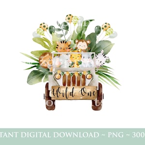Wild One Baby Safari Animaux Voiture PNG, Aquarelle Bébés Animaux, Conception de sublimation de T-shirt, Image de carte d’anniversaire, Téléchargement numérique, W23