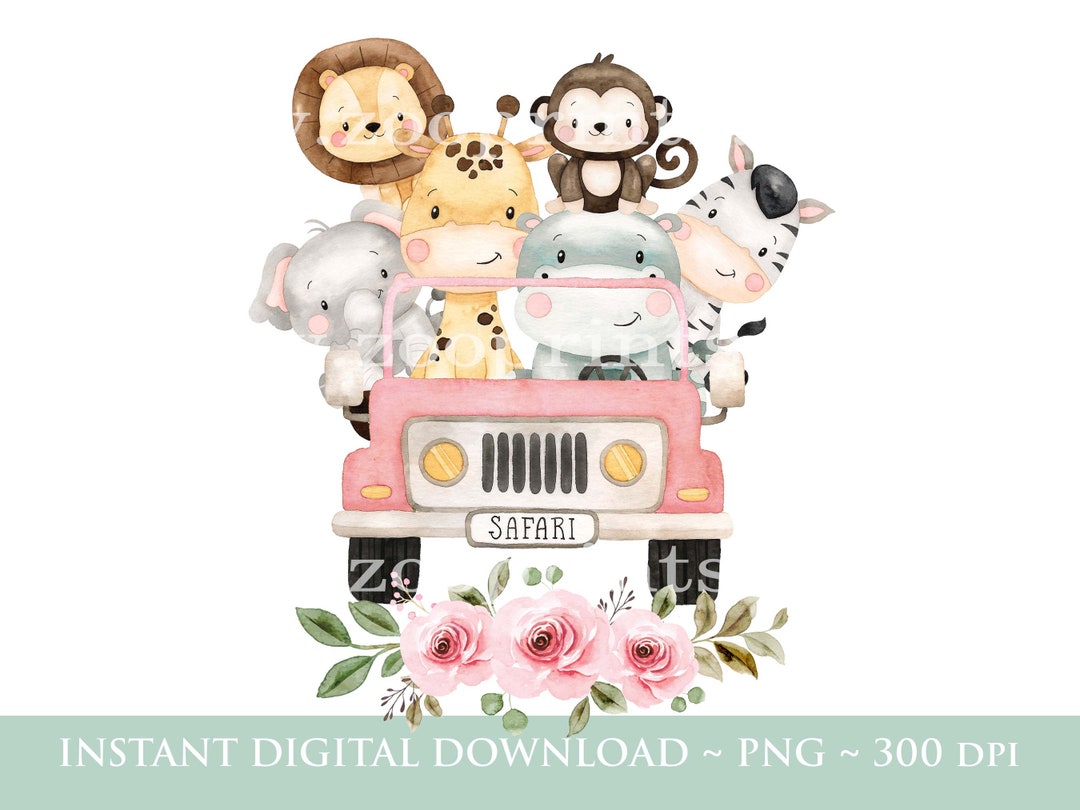 Baby Safari Animals Kids Car PNG, Watercolor Baby Animals, T Shirt