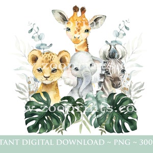 Bébé Safari Animaux Couronne, Aquarelle Bébés Animaux, Wild One, Deux Wild, Birthday Sublimation Design, Jungle, Safari, Téléchargement numérique, W096