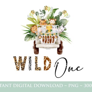 Puede incluir: Una ilustración de acuarela de un jeep blanco con un grupo de animales de safari en su interior. El jeep está decorado con hojas verdes y globos. El texto "WILD One" está escrito debajo del jeep, con cada letra decorada con un estampado de animal diferente.