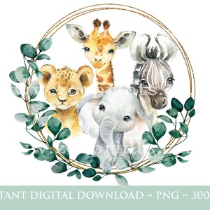 Enfants Safari Green Jungle Eucalyptus Floral PNG, Aquarelle Bébé Animaux, Anniversaire Sublimation Design, Jungle, Safari, Téléchargement numérique, W061