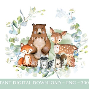 Woodland Forest Animals Eucalyptus Greenery Wreath PNG, Woodland Animals Sublimation Design, Baby Shower, New Baby, Instant Digital Download