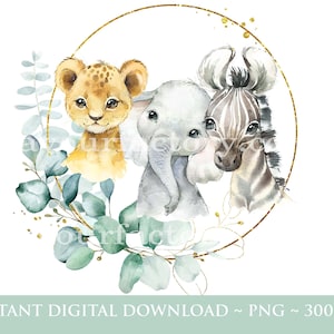 Baby Safari Tiere Kranz, Aquarell Baby Tiere, Wild One, Two Wild, Geburtstag Sublimation Design, Dschungel, Safari, Digitaler Download, W2