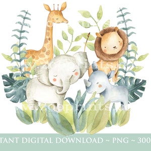 Kinder Safari Dschungel Tiere, Aquarell Baby Tiere, Wild One, Two Wild, Geburtstag Sublimation Design, Dschungel, Safari, Digitaler Download, W46