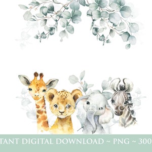 Bébé Safari Animaux Couronne, Aquarelle Bébés Animaux, Wild One, Two Wild, Birthday Sublimation Design, Jungle, Safari, Téléchargement numérique, W101