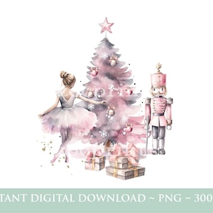 Árvore de Natal rosa, bailarina e biscoito de nozes PNG, design de sublimação de árvore de Natal, design de cartão de Natal, download digital instantâneo