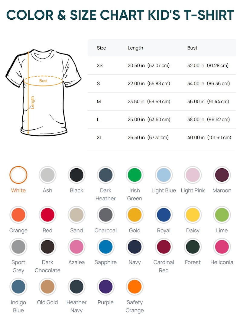 May include: A colour and size chart for children's t-shirts. It features a t-shirt diagram with length and bust measurements. Sizes range from XS to XL, with lengths from 52.07 cm to 67.31 cm and bust measurements from 81.28 cm to 101.60 cm. A colour palette is also displayed.