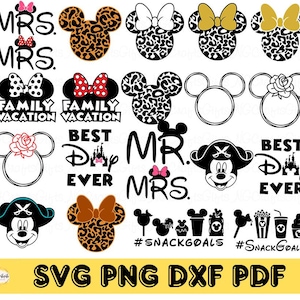 May include: A set of 14 digital cut files featuring various designs with a Mickey Mouse theme. The designs include the words "Mr. & Mrs." and "Family Vacation" along with Mickey Mouse ears and silhouettes. The designs are perfect for creating personalized crafts, such as t-shirts, mugs, and home decor.