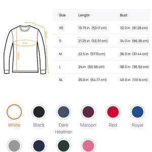 May include: A colour and size chart for a kid's sweatshirt. The chart displays measurements for XS to XL sizes, including length and bust in inches (in) and centimetres (cm). Available colours are white, black, dark heather, maroon, red, royal, sport grey, navy, forest, and safety pink.