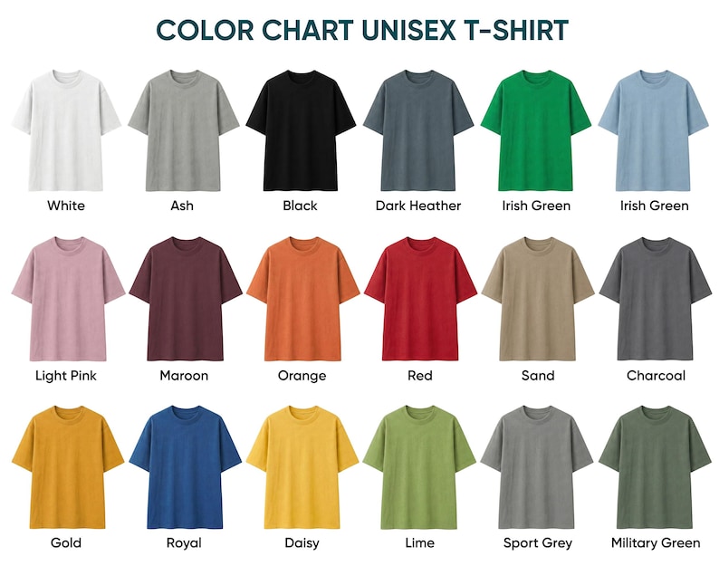 Puede incluir: Una tabla de colores para camisetas unisex que muestra dieciocho camisetas de manga corta en varios colores, incluyendo blanco, ceniza, negro, gris oscuro, verde irland&eacute;s, rosa claro, granate, naranja, rojo, arena, carb&oacute;n, oro, azul real, margarita, lima, gris deportivo y verde militar.