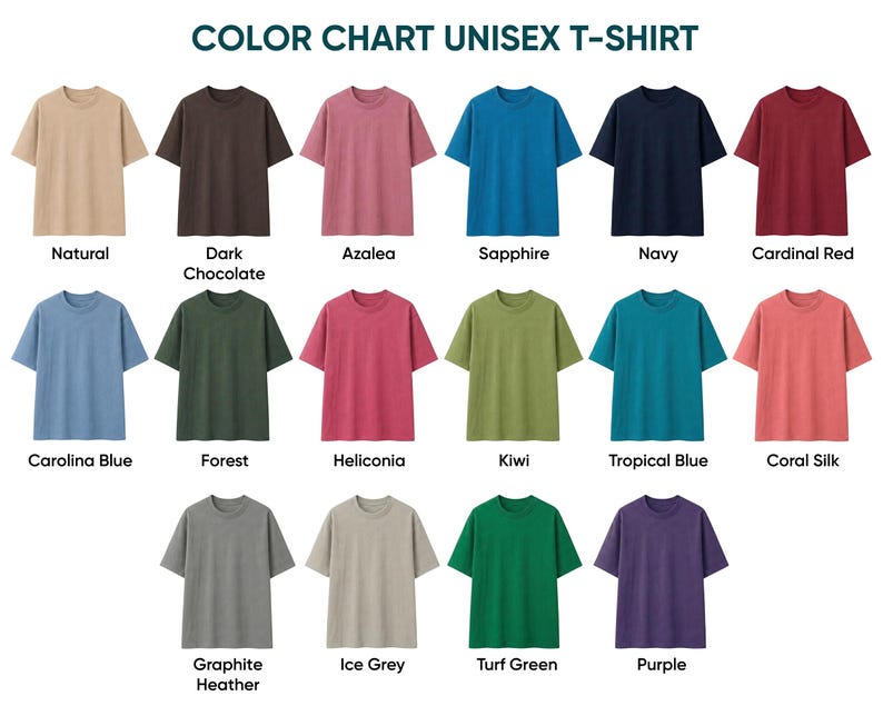 Puede incluir: Una carta de colores para camisetas unisex que presenta diecisiete camisetas de manga corta en varios colores etiquetados como Natural, Dark Chocolate, Azalea, Sapphire, Navy, Cardinal Red, Carolina Blue, Forest, Heliconia, Kiwi, Tropical Blue, Coral Silk, Graphite Heather, Ice Grey, Turf Green y Purple.
