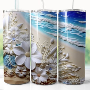 3D Flowers Beach 20 oz Tumbler Wrap: Straight & Tapered PNG (Digital Download)