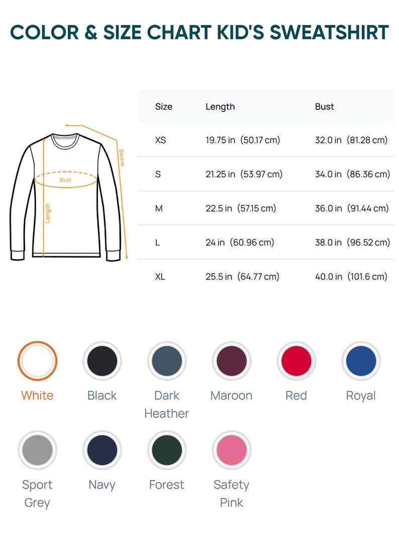 Puede incluir: Una tabla de colores y tallas para sudadera de ni&ntilde;o con un dibujo lineal de una camiseta de manga larga y medidas en cm. La tabla enumera las tallas de la XS a la XL con sus dimensiones. Se muestran diez c&iacute;rculos de color debajo.