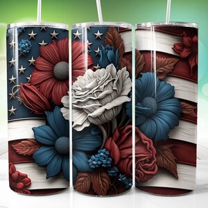 3D 4 juli Bloemen Tumbler Wrap Png, 20 oz Skinny Tumbler Sublimation Design, Patriottische Rechte Tumbler Wrap, Instant Digitale Download
