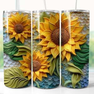 Girassóis 3D 20 onças Skinny Tumbler Wrap Sublimation, 3D Girassóis Retos e Cônicos Tumbler Wrap PNG, Download Instantâneo