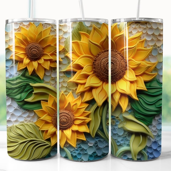 3D Sunflowers 20 oz Skinny Tumbler Wrap Sublimation, 3D Sunflowers Straight & Tapered Tumbler Wrap PNG, Instant Download