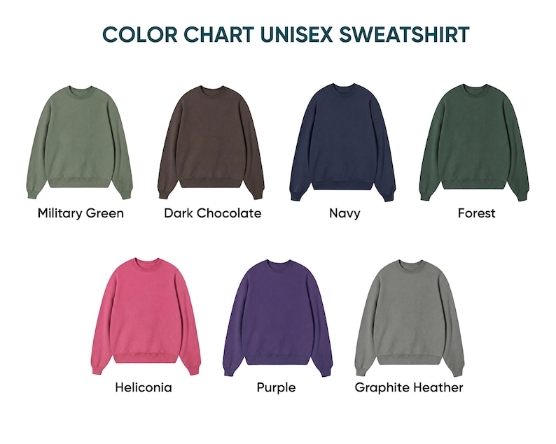 Puede incluir: Una carta de colores para sudadera unisex con siete jers&eacute;is de manga larga y cuello redondo en verde militar, chocolate oscuro, azul marino, bosque, heliconia, morado y gris grafito. El texto dice COLOR CHART UNISEX SWEATSHIRT arriba.