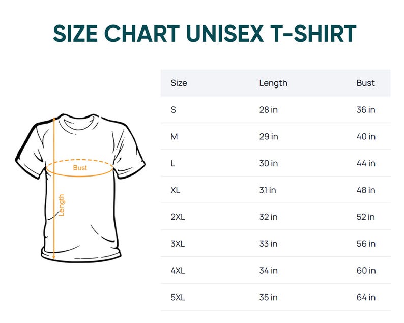 Puede incluir: Una tabla de tallas para camisetas unisex con un dibujo lineal de una camiseta y flechas naranjas que indican la longitud y el busto. Una tabla enumera las tallas de S a 5XL con las medidas correspondientes en pulgadas.