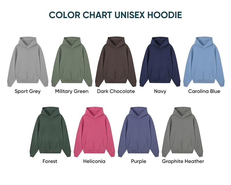 Puede incluir: Una carta de colores para sudadera con capucha unisex que muestra nueve sudaderas de manga larga con bolsillos delanteros en varios colores etiquetados como Sport Grey, Military Green, Dark Chocolate, Navy, Carolina Blue, Forest, Heliconia, Purple y Graphite Heather.