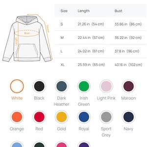 May include: A colour and size chart for a kid's hoodie. The chart displays measurements for sizes S, M, L, and XL. Length measurements range from 54 cm to 65 cm. Bust measurements range from 86 cm to 102 cm. The chart also shows available colours.