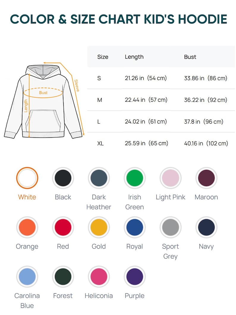May include: A colour and size chart for a kid's hoodie. The chart displays measurements for sizes S, M, L, and XL. Length measurements range from 54 cm to 65 cm. Bust measurements range from 86 cm to 102 cm. The chart also shows available colours.