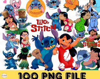 May include: A collection of 100 digital images featuring characters from the animated film Lilo & Stitch. The images include Stitch, Lilo, and other characters from the film. The images are in PNG format.