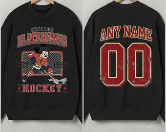 Mickey Chicago Blackhawks Custom Name & Number Sweatshirt, Retro Chicago shirt, Chicago Hockey Fan shirt, Chicago shirt, Custom hockey tee