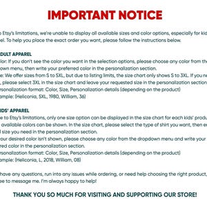 Puede incluir: Un gr&aacute;fico informativo titulado IMPORTANT NOTICE con texto negro sobre fondo blanco. Proporciona instrucciones para pedir ropa de adulto y de ni&ntilde;o, explicando c&oacute;mo seleccionar tallas y colores no listados en los men&uacute;s desplegables.