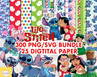 May include: A digital paper bundle featuring Lilo and Stitch characters. The image displays patterned papers with Stitch and Lilo illustrations, and the text "Lilo & Stitch 300 PNG/SVG Bundle 25 Digital Paper."