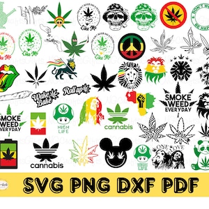 May include: A collection of 30 digital cut files featuring various designs related to cannabis, including peace signs, marijuana leaves, lions, and the phrase "Smoke Weed Everyday".