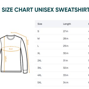 Puede incluir: Una tabla de tallas para sudadera unisex con un dibujo lineal de una prenda de manga larga que indica la longitud, el busto y las mangas. Una tabla enumera las tallas de S a 5XL con las medidas correspondientes expresadas en pulgadas.