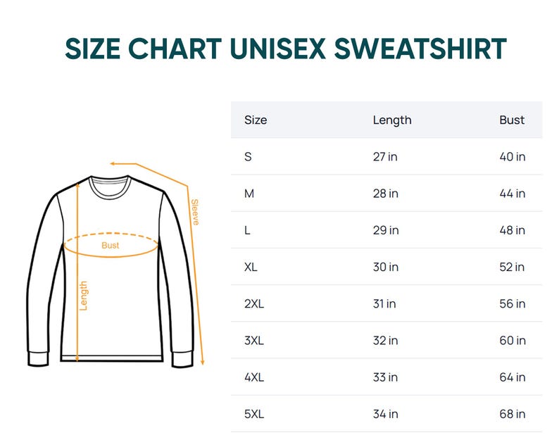 Puede incluir: Una tabla de tallas para sudadera unisex con un dibujo lineal de una prenda de manga larga que indica la longitud, el busto y las mangas. Una tabla enumera las tallas de S a 5XL con las medidas correspondientes expresadas en pulgadas.