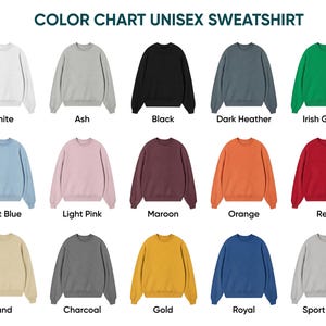 Puede incluir: Una carta de colores para sudadera unisex que muestra quince jers&eacute;is de cuello redondo y manga larga en varios colores s&oacute;lidos, incluyendo blanco, ceniza, negro, gris oscuro, verde irland&eacute;s, azul claro, rosa claro, granate, naranja, rojo, arena, carb&oacute;n, oro, azul real y gris deportivo.