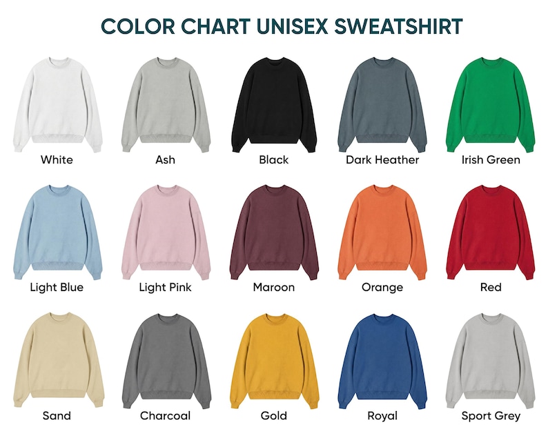 Puede incluir: Una carta de colores para sudadera unisex que muestra quince jers&eacute;is de cuello redondo y manga larga en varios colores s&oacute;lidos, incluyendo blanco, ceniza, negro, gris oscuro, verde irland&eacute;s, azul claro, rosa claro, granate, naranja, rojo, arena, carb&oacute;n, oro, azul real y gris deportivo.