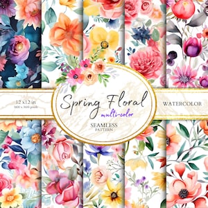 May include: A set of 12x12 inch watercolour floral seamless patterns in a variety of colours. The patterns feature flowers, leaves, and branches. The text "Spring Floral multi-color Seamless Pattern" is displayed on a marble background.