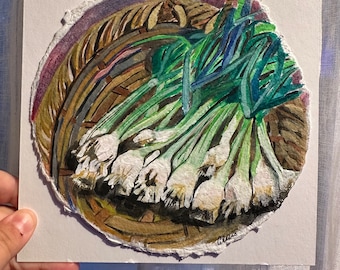 Scallion Still Life Study, Original Gouache Painting on Paper, Round Painting, Art for your Home, Colorful Art