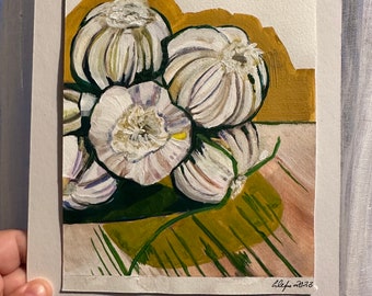 Garlic Still Life Study, Original Gouache Painting on Paper