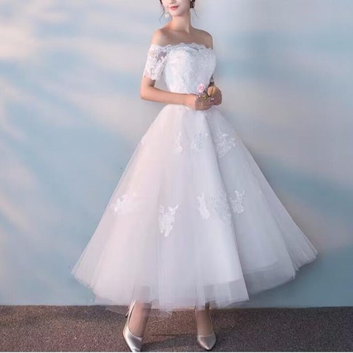 Ball Gown Tulle Tea-length Short Sleeve Llace Wedding Dress - Etsy
