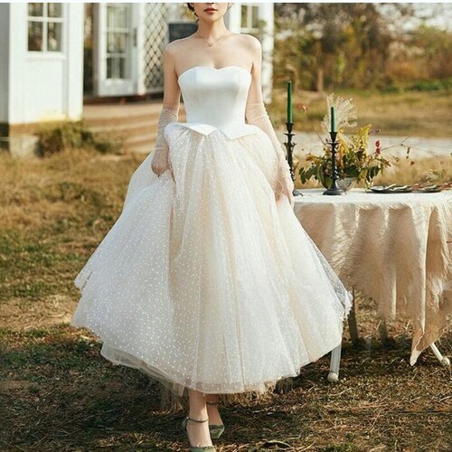Ball Gown Tulle Tea-length  Polka Dots Wedding Dress Bridal Gowns