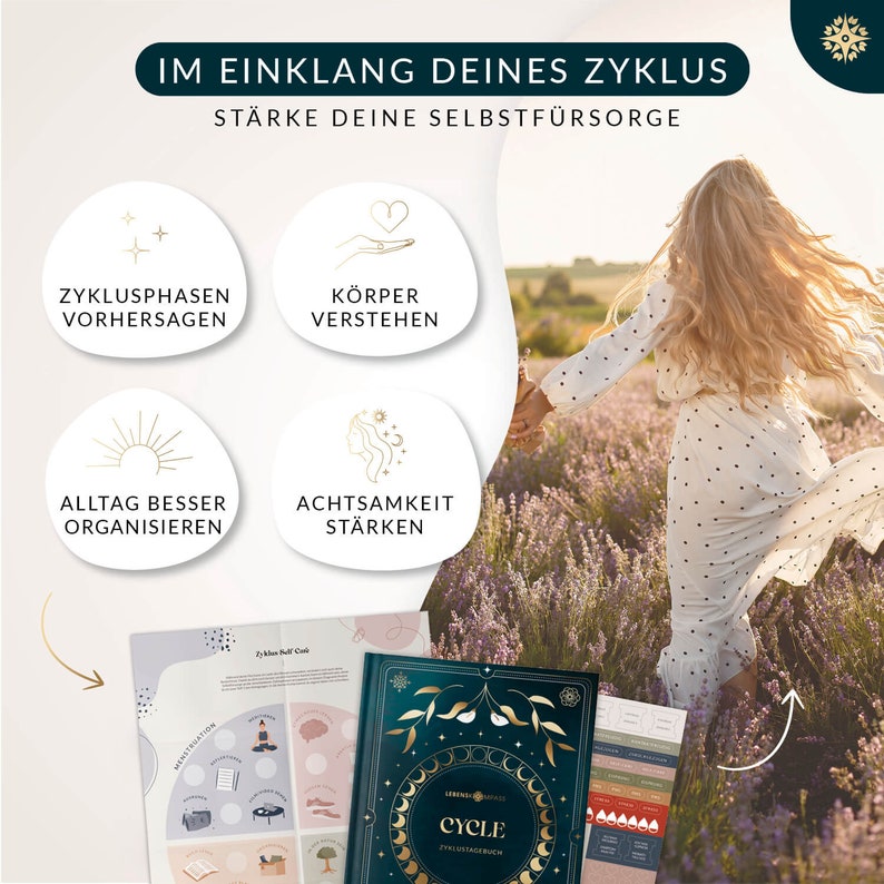 Zyklustagebuch Periodenkalender für Frauen und Mädchen, Für 6 Zyklen Zykluskalender mit Monatsübersicht, Reflexionsfragen und mehr, DIN A5 Bild 3